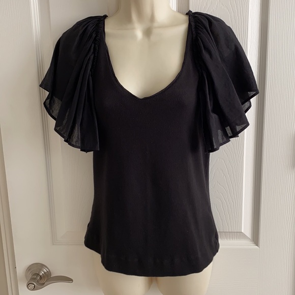 ANTHROPOLOGIE MAEVE FLUTTER SLEEVE TOP BLACK MEXIUM - Picture 3 of 12